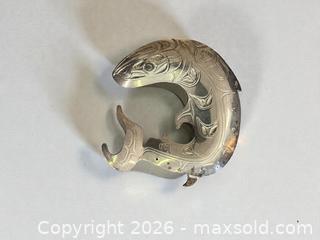 MaxSold Auction: First Nations Sterling Silver Salmon Brooch Pin Signed H. Alfred - Esquimalt (British Columbia, Canada) PARTNER MANAGED Estate Sale Online Auction - Lampson Street