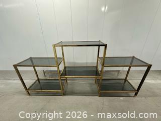 MaxSold Auction: Mid century brass and smokey glass multi-tier shelf - Toronto (Ontario, Canada) PARTNER MANAGED Downsizing Online Auction Part 1 - Mclevin Avenue