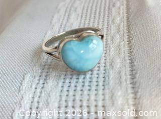 MaxSold Auction: 925 Sterling Silver LARIMAR CARVED HEART Ring Size 8 - Shelburne (Ontario, Canada) SELLER MANAGED Downsizing Online Auction - Main Street East
