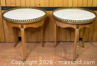 MaxSold Auction: Pair Vintage Louis XV Style Marble Top Side Tables – Gilt Bronze Gallery – Cabriole Legs - Hamilton (Ontario, Canada) SELLER MANAGED Estate Sale Online Auction - Gertrude Street