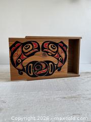 MaxSold Auction: First Nations Wood Box with Salmon Artwork - Wooden Storage Box with Slide Top - Made in Canada - Kingston (Ontario, Canada) SELLER MANAGED Downsizing Online Auction - Bishop Street