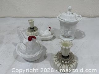 MaxSold Auction: Milk Glass Items Hen Figurines and Candleholders  - Sacramento (California, USA) SELLER MANAGED Reseller Online Auction - Arden Way