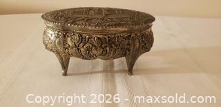 MaxSold Auction: Vintage Footed Metal Jewelry Trinket Box Silver Tone Red Velvet Lined - Kingston (Ontario, Canada) SELLER MANAGED Estate Sale Online Auction - Tamarac Street
