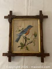 MaxSold Auction: Vintage Framed Blue Bird Cross-Stitch in Carved Wood Frame, sold as is - Kingston (Ontario, Canada) SELLER MANAGED Estate Sale Online Auction - Tamarac Street