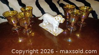 MaxSold Auction: Carnival Glass Grape & Leaf Goblet Set (6) with Cast Iron Dog - South Hill (Washington, USA) SELLER MANAGED Estate Sale Online Auction - 117st Ct East (CONDO)