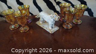 MaxSold Auction: Carnival Glass Grape & Leaf Goblet Set (6) with Cast Iron Dog - South Hill (Washington, USA) SELLER MANAGED Estate Sale Online Auction - 117st Ct East (CONDO)