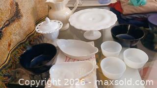 MaxSold Auction: Mixed lot of milk glass tableware + 2 blue bowls - South Hill (Washington, USA) SELLER MANAGED Estate Sale Online Auction - 117st Ct East (CONDO)