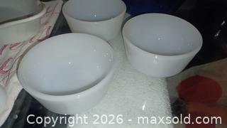 MaxSold Auction: Mixed lot of milk glass tableware + 2 blue bowls - South Hill (Washington, USA) SELLER MANAGED Estate Sale Online Auction - 117st Ct East (CONDO)