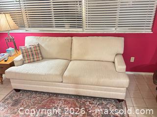 MaxSold Auction: Bassett 3-Seat Upholstered Sofa Beige Fabric - Fort Myers (Florida, USA) SELLER MANAGED Moving Online Auction - South Larkwood Square