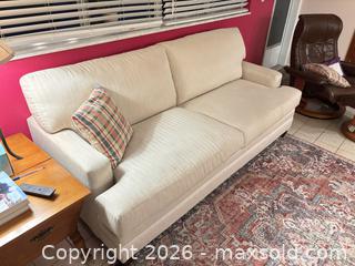 MaxSold Auction: Bassett 3-Seat Upholstered Sofa Beige Fabric - Fort Myers (Florida, USA) SELLER MANAGED Moving Online Auction - South Larkwood Square