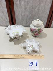 MaxSold Auction: 3-Piece Assorted Porcelain & Fenton Milk Glass Set with Floral Motif - Warwick (Rhode Island, USA) SELLER MANAGED Reseller Online Auction - Warwick Avenue