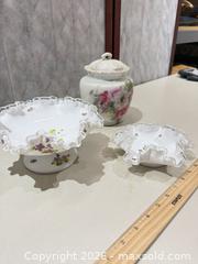 MaxSold Auction: 3-Piece Assorted Porcelain & Fenton Milk Glass Set with Floral Motif - Warwick (Rhode Island, USA) SELLER MANAGED Reseller Online Auction - Warwick Avenue
