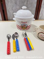 MaxSold Auction: Campbell's Soup Crock with Bowls and Children's Flatware Set - Warwick (Rhode Island, USA) SELLER MANAGED Reseller Online Auction - Warwick Avenue