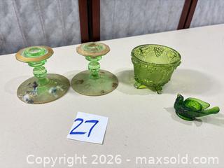 MaxSold Auction: Lot: Bright Green Uranium Glass Candlesticks, Pressed Glass Footed Bowl & Bird Dish - Warwick (Rhode Island, USA) SELLER MANAGED Reseller Online Auction - Warwick Avenue