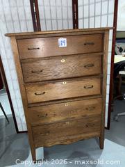 MaxSold Auction: Mission Style Oak Tall Chest Five-Drawer Dresser with Brass Pulls - Warwick (Rhode Island, USA) SELLER MANAGED Reseller Online Auction - Warwick Avenue