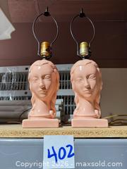 MaxSold Auction: Pair of Lady Head Deco/MCM Pink Glazed Ceramic Head Bust Table Lamps - Warwick (Rhode Island, USA) SELLER MANAGED Reseller Online Auction - Warwick Avenue