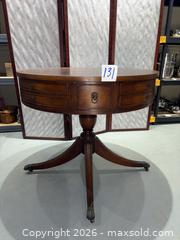 MaxSold Auction: Round Stained Hardwood Pedestal Side/Game Table with Leather Top - Warwick (Rhode Island, USA) SELLER MANAGED Reseller Online Auction - Warwick Avenue
