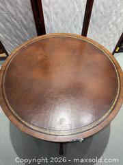 MaxSold Auction: Round Stained Hardwood Pedestal Side/Game Table with Leather Top - Warwick (Rhode Island, USA) SELLER MANAGED Reseller Online Auction - Warwick Avenue