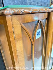MaxSold Auction: Vintage Wood Veneer Curio Cabinet with Glass Panels & Key - Warwick (Rhode Island, USA) SELLER MANAGED Reseller Online Auction - Warwick Avenue