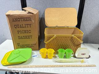 MaxSold Auction: W.C. Redmon & Sons Picnic Basket Set with Plates and Mugs - Warwick (Rhode Island, USA) SELLER MANAGED Reseller Online Auction - Warwick Avenue