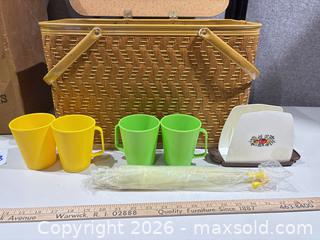 MaxSold Auction: W.C. Redmon & Sons Picnic Basket Set with Plates and Mugs - Warwick (Rhode Island, USA) SELLER MANAGED Reseller Online Auction - Warwick Avenue