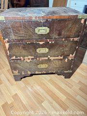 MaxSold Auction: Vintage Campaign-Style 3-Drawer Small Chest - Clarkstown (New York, USA) SELLER MANAGED Downsizing Online Auction -  Old Mill Road