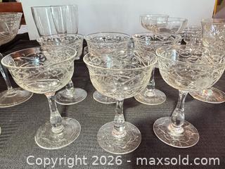MaxSold Auction: Vintage Etched Clear Glass Stemware Lot (16–30 pcs) - Clarkstown (New York, USA) SELLER MANAGED Downsizing Online Auction -  Old Mill Road
