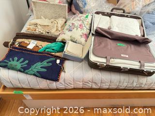MaxSold Auction: Mixed textile lot: wall hanging, linens, pillows & suitcase B - Toronto (Ontario, Canada) Moving Online Auction - Mount Pleasant Road