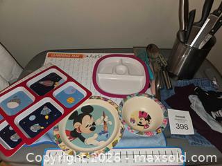 MaxSold Auction: Kids plates, Addition tables Placemat, pants & socks;  & utensils in a metal bucket   - Los Angeles  (California, USA) SELLER MANAGED Estate Sale Online Auction - Granville Avenue