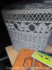 MaxSold Auction: Wood Cigar box, wicker waste basket, Xena postcards book, stickers, stacking doll- wood angel - Los Angeles  (California, USA) SELLER MANAGED Estate Sale Online Auction - Granville Avenue