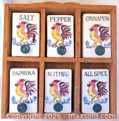 MaxSold Auction: Fred Roberts Vintage Rooster Ceramic Spice Rack 6 Jar Set Japan 1950s - San Bruno (California, USA) SELLER MANAGED Downsizing Online Auction - 2nd Avenue