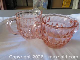 MaxSold Auction: Pink Sugar Bowl & Creamer Set Jeanette Windsor Diamond Pattern 1930-1940 - San Bruno (California, USA) SELLER MANAGED Downsizing Online Auction - 2nd Avenue