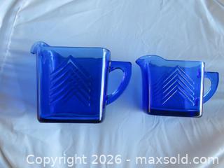 MaxSold Auction: Two Vintage Hazel Atlas Glass Pitchers Cobalt Blue Chevron Pattern Depression Glass.   - San Bruno (California, USA) SELLER MANAGED Downsizing Online Auction - 2nd Avenue