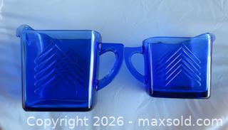 MaxSold Auction: Two Vintage Hazel Atlas Glass Pitchers Cobalt Blue Chevron Pattern Depression Glass.   - San Bruno (California, USA) SELLER MANAGED Downsizing Online Auction - 2nd Avenue