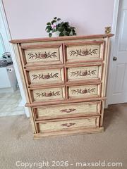 MaxSold Auction: 1970 Oak tall boy dresser, Solid Wood, 5 Drawers, Pink Accents - Ottawa (Ontario, Canada) SELLER MANAGED Moving Online Auction -  Demeter Street