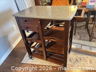 MaxSold Auction: Espresso Solid Wood Bar Cart with Real Granite Top - Ottawa (Ontario, Canada) SELLER MANAGED Moving Online Auction -  Demeter Street