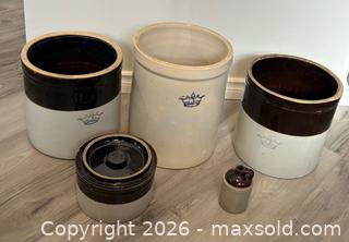 MaxSold Auction: Collection of Antique Stoneware Crocks x 5  - Burlington (Ontario, Canada) SELLER MANAGED Estate Sale Online Auction - Fairview Street (STORAGE)