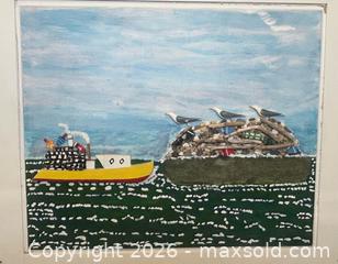 MaxSold Auction: Vintage Acadian Folk Art Boat at Sea Mixed Media on Wood Board by Ron Bowers - Burlington (Ontario, Canada) SELLER MANAGED Estate Sale Online Auction - Fairview Street (STORAGE)