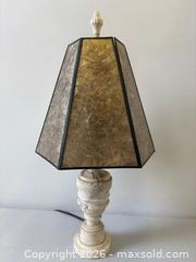 MaxSold Auction: Antique Alabaster Column Table Lamp With Mica Shade Working  - Toronto (Ontario, Canada) PARTNER MANAGED Reseller Online Auction - Railside Road