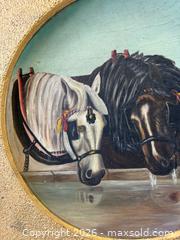 MaxSold Auction: Antique Folk Art Oil Painting On Convex Wood "Draft Horses At Trough" Dated May 30th 1883 Artist Signed A Lindsay Girl  - Toronto (Ontario, Canada) PARTNER MANAGED Reseller Online Auction - Railside Road
