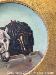 MaxSold Auction: Antique Folk Art Oil Painting On Convex Wood "Draft Horses At Trough" Dated May 30th 1883 Artist Signed A Lindsay Girl  - Toronto (Ontario, Canada) PARTNER MANAGED Reseller Online Auction - Railside Road