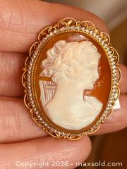 MaxSold Auction: Vintage Large 2” 1940s  Shell Cameo Brooch Pendant Gold Filigree Seed Pearl  - Pickering (Ontario, Canada) PARTNER MANAGED Estate Sale Online Auction - Granite Court