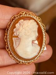 MaxSold Auction: Vintage Large 2” 1940s  Shell Cameo Brooch Pendant Gold Filigree Seed Pearl  - Pickering (Ontario, Canada) PARTNER MANAGED Estate Sale Online Auction - Granite Court