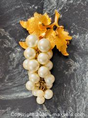 MaxSold Auction: Vintage Large Gold Finish Faux Pearl Grapes Dangle Fancy Brooch / Pin - Pickering (Ontario, Canada) PARTNER MANAGED Estate Sale Online Auction - Granite Court