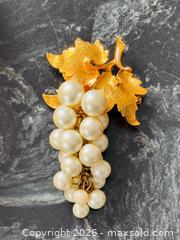 MaxSold Auction: Vintage Large Gold Finish Faux Pearl Grapes Dangle Fancy Brooch / Pin - Pickering (Ontario, Canada) PARTNER MANAGED Estate Sale Online Auction - Granite Court