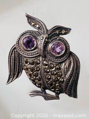 MaxSold Auction: Vintage Sterling Silver 925 Owl Brooch with Purple Rhinestones Marcasite - Pickering (Ontario, Canada) PARTNER MANAGED Estate Sale Online Auction - Granite Court