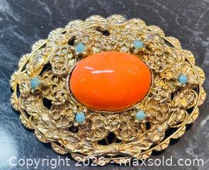 MaxSold Auction: Vintage Victorian Revival Gold Finish  Brooch with Orange Cabochon - Pickering (Ontario, Canada) PARTNER MANAGED Estate Sale Online Auction - Granite Court