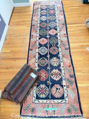 MaxSold Auction: Wool Area Rug Runner 2'7" x 8'9" Navy with Pink Border and throw - Victoria (British Columbia, Canada) PARTNER MANAGED Moving Online Auction - View Royal Avenue
