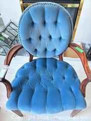 MaxSold Auction: Blue Velvet Upholstered Accent Chair with Stained Wood Frame A - Ottawa (Ontario, Canada) PARTNER MANAGED Downsizing Online Auction - Carling Avenue (CONDO)