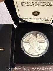 MaxSold Auction: 2012 $20 Fine Silver coin The Queen Diamond Jubilee With Crystal With Box + COA - Toronto (Ontario, Canada) SELLER MANAGED Downsizing Online Auction - Applefield Drive